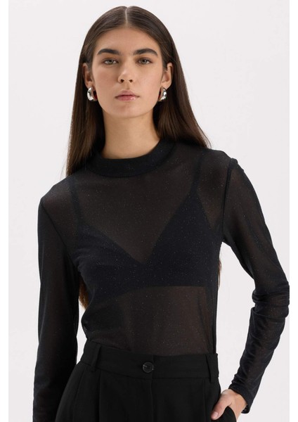 Slim Fit Dar Kesim Yarım Balıkçı Yaka Casual Tül Uzun Kollu Tişört E2373AX24WN