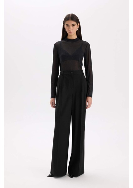 Slim Fit Dar Kesim Yarım Balıkçı Yaka Casual Tül Uzun Kollu Tişört E2373AX24WN