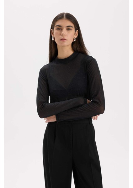 Slim Fit Dar Kesim Yarım Balıkçı Yaka Casual Tül Uzun Kollu Tişört E2373AX24WN