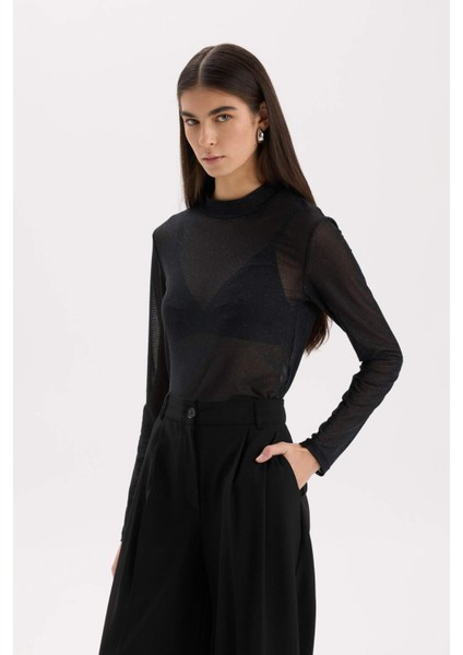 Slim Fit Dar Kesim Yarım Balıkçı Yaka Casual Tül Uzun Kollu Tişört E2373AX24WN