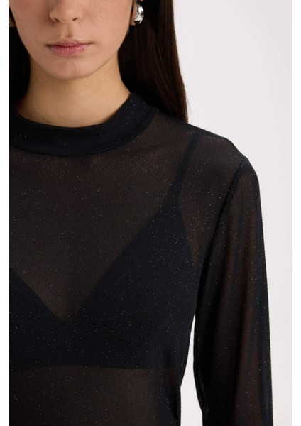 Slim Fit Dar Kesim Yarım Balıkçı Yaka Casual Tül Uzun Kollu Tişört E2373AX24WN