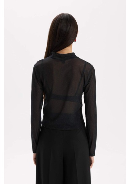 Slim Fit Dar Kesim Yarım Balıkçı Yaka Casual Tül Uzun Kollu Tişört E2373AX24WN