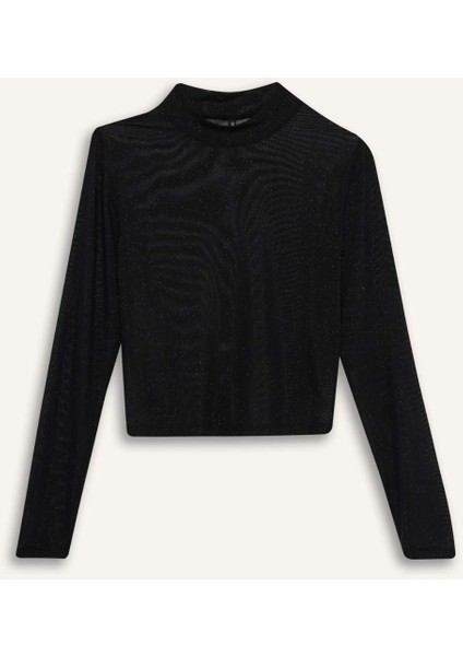 Slim Fit Dar Kesim Yarım Balıkçı Yaka Casual Tül Uzun Kollu Tişört E2373AX24WN