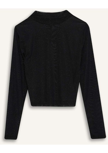 Slim Fit Dar Kesim Yarım Balıkçı Yaka Casual Tül Uzun Kollu Tişört E2373AX24WN