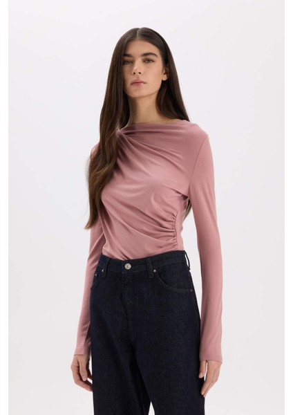 Slim Fit Dar Kesim Kayık Yaka Basic Düz Uzun Kollu Bluz D5300AX24AU