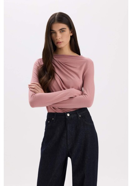 Slim Fit Dar Kesim Kayık Yaka Basic Düz Uzun Kollu Bluz D5300AX24AU