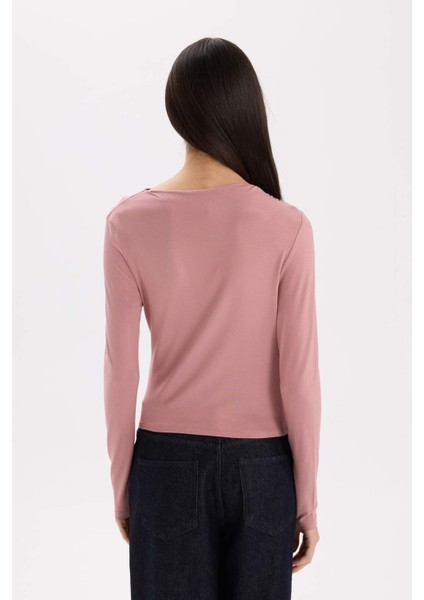 Slim Fit Dar Kesim Kayık Yaka Basic Düz Uzun Kollu Bluz D5300AX24AU