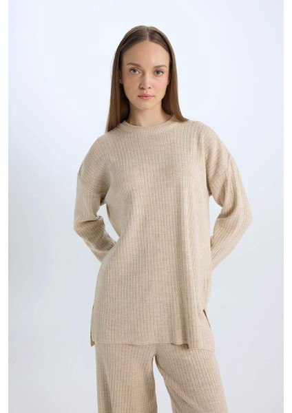 Relax Fit Bisiklet Yaka Basic Düz Triko Tunik Kazak