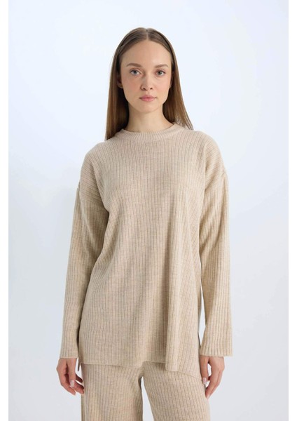 Relax Fit Bisiklet Yaka Basic Düz Triko Tunik Kazak