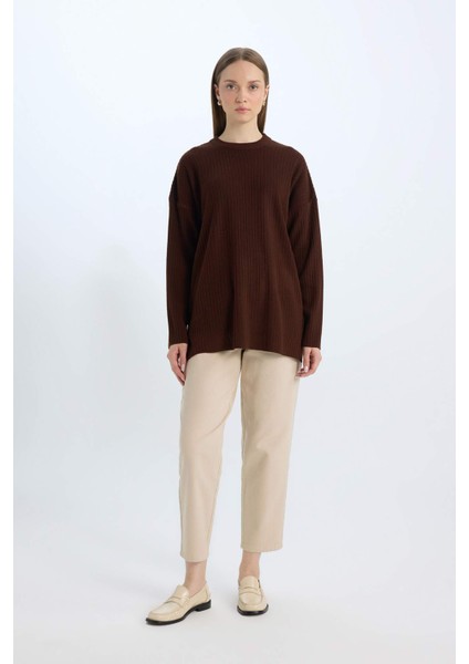 Relax Fit Bisiklet Yaka Basic Düz Triko Tunik Kazak E2938AX24WN