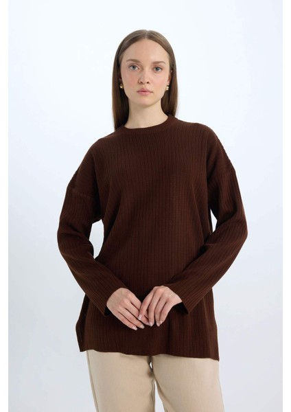 Relax Fit Bisiklet Yaka Basic Düz Triko Tunik Kazak E2938AX24WN