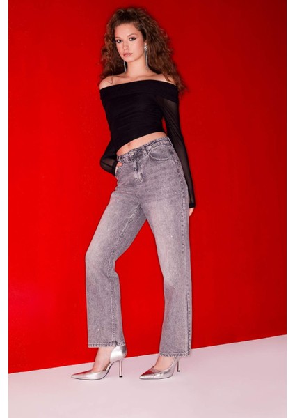 Slim Fit Dar Kesim Omzu Açık Tül Uzun Kollu Tişört E2368AX24WN