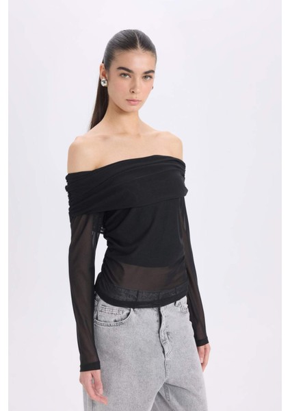 Slim Fit Dar Kesim Omzu Açık Tül Uzun Kollu Tişört E2368AX24WN