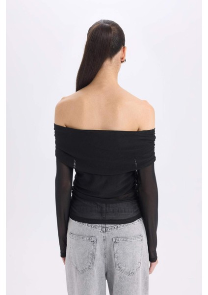 Slim Fit Dar Kesim Omzu Açık Tül Uzun Kollu Tişört E2368AX24WN