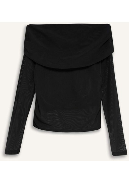 Slim Fit Dar Kesim Omzu Açık Tül Uzun Kollu Tişört E2368AX24WN