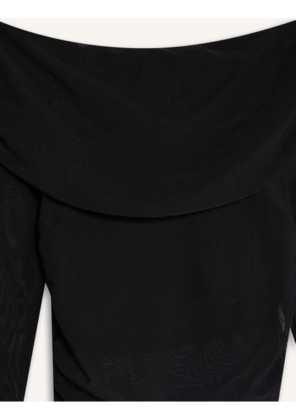 Slim Fit Dar Kesim Omzu Açık Tül Uzun Kollu Tişört E2368AX24WN