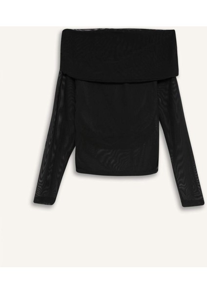 Slim Fit Dar Kesim Omzu Açık Tül Uzun Kollu Tişört E2368AX24WN