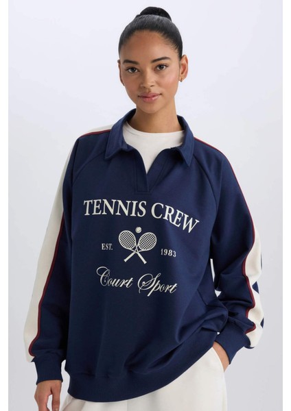 Fit Oversize Geniş Kalıp Polo Yaka Baskılı Sporcu Sweatshirt D7131AX25SP