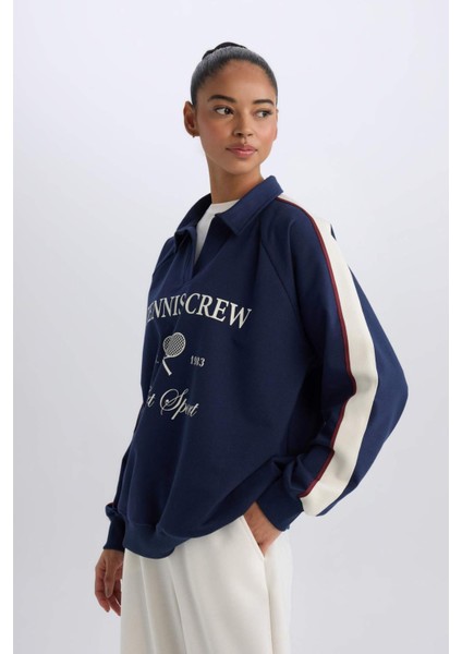 Fit Oversize Geniş Kalıp Polo Yaka Baskılı Sporcu Sweatshirt D7131AX25SP