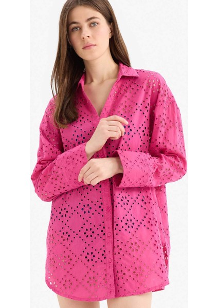 Regular Fit Pamuklu Brode Plaj Gömleği-Fall in Love C0506AX25SM