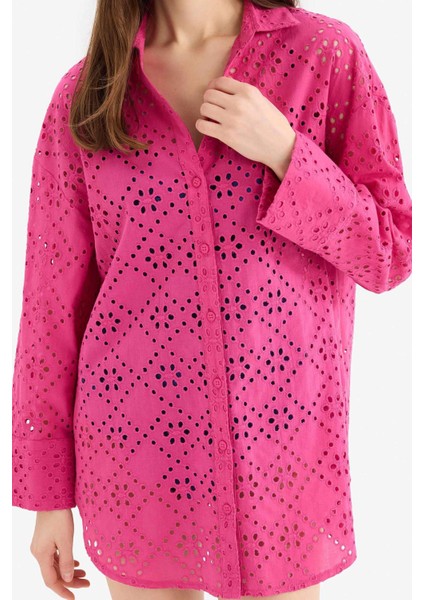 Regular Fit Pamuklu Brode Plaj Gömleği-Fall in Love C0506AX25SM