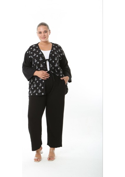 Kadın Büyük Beden Salaş Kesim Ön Bağcık Detaylı Dokuma Hırka 25002 fiyatları