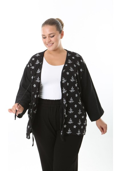 Kadın Büyük Beden Salaş Kesim Ön Bağcık Detaylı Dokuma Hırka 25002 modelleri