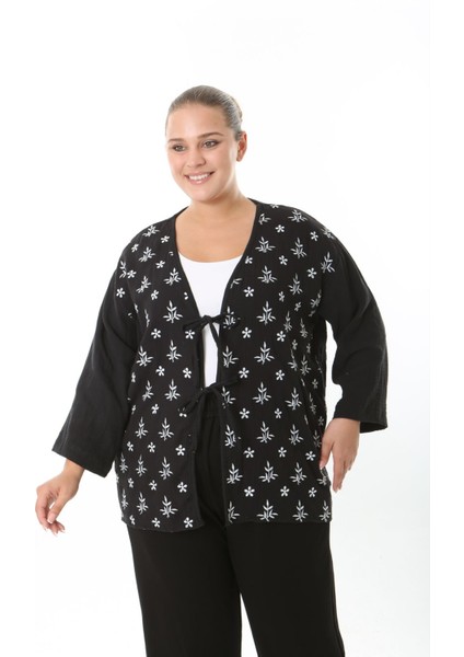 Kadın Büyük Beden Salaş Kesim Ön Bağcık Detaylı Dokuma Hırka 25002 fırsatları