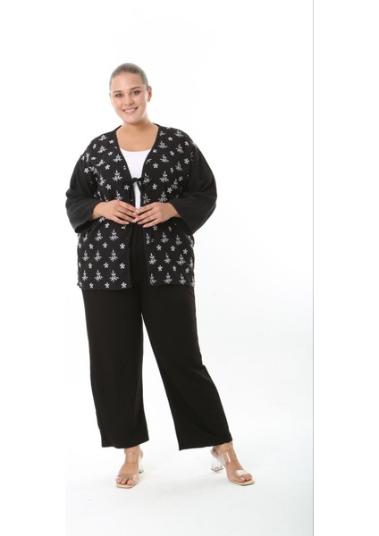 Kadın Büyük Beden Salaş Kesim Ön Bağcık Detaylı Dokuma Hırka 25002 indirimleri