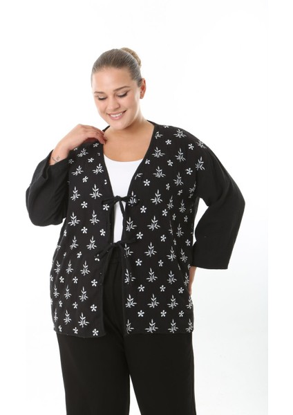 Kadın Büyük Beden Salaş Kesim Ön Bağcık Detaylı Dokuma Hırka 25002