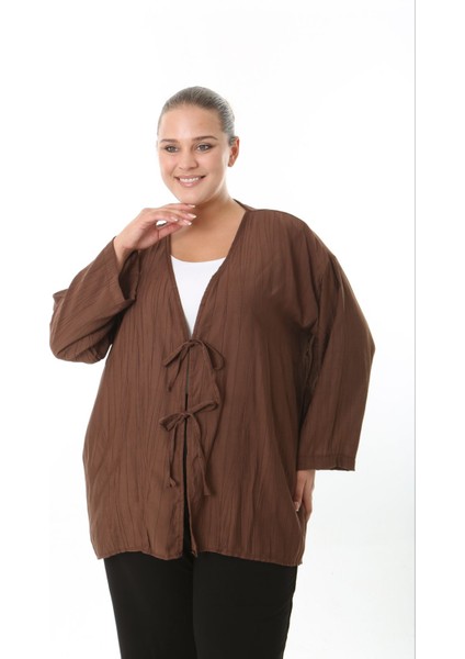 Kadın Büyük Beden Salaş Kesim Ön Bağcık Detaylı Dokuma Hırka 25002