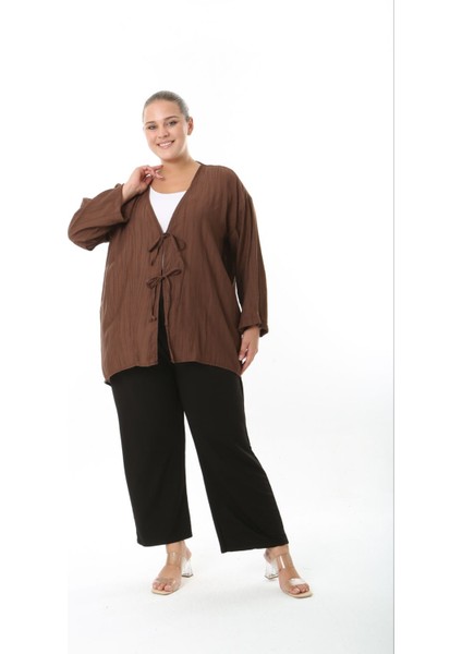 Kadın Büyük Beden Salaş Kesim Ön Bağcık Detaylı Dokuma Hırka 25002 fiyatları