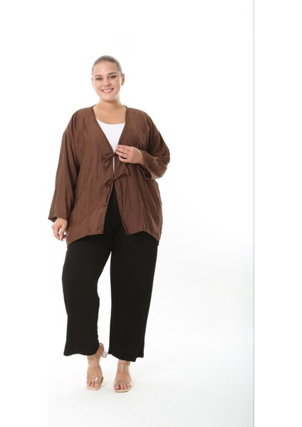 Kadın Büyük Beden Salaş Kesim Ön Bağcık Detaylı Dokuma Hırka 25002 fırsatları