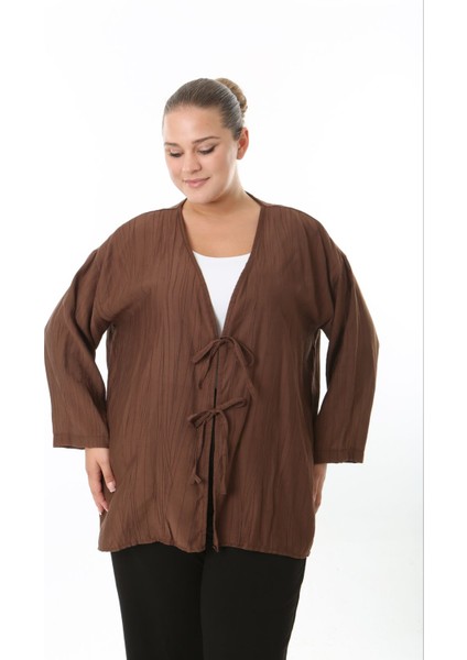 Kadın Büyük Beden Salaş Kesim Ön Bağcık Detaylı Dokuma Hırka 25002 indirimleri