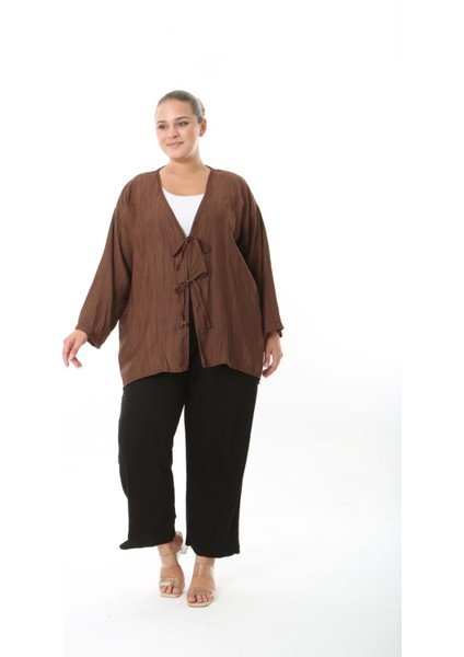 Kadın Büyük Beden Salaş Kesim Ön Bağcık Detaylı Dokuma Hırka 25002