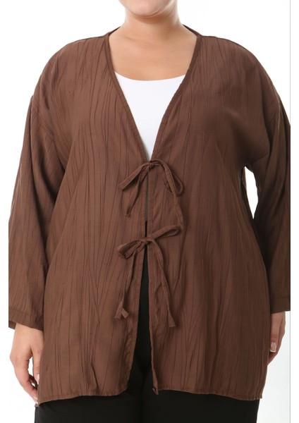 Kadın Büyük Beden Salaş Kesim Ön Bağcık Detaylı Dokuma Hırka 25002