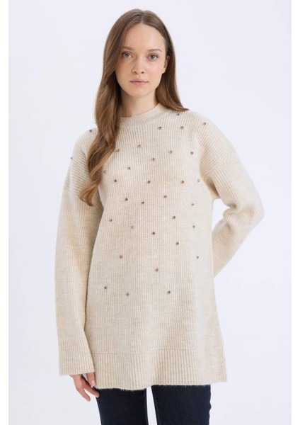 Relax Fit Bisiklet Yaka Taşlı Triko Kazak Tunik