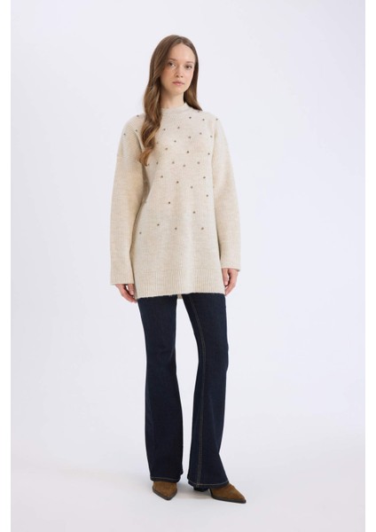 Relax Fit Bisiklet Yaka Taşlı Triko Kazak Tunik