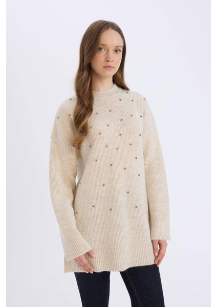 Relax Fit Bisiklet Yaka Taşlı Triko Kazak Tunik