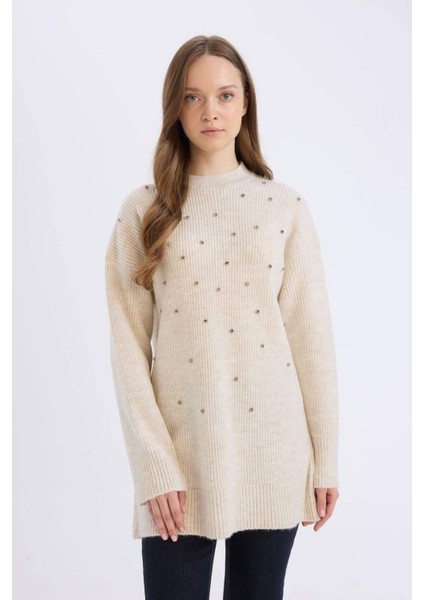 Relax Fit Bisiklet Yaka Taşlı Triko Kazak Tunik