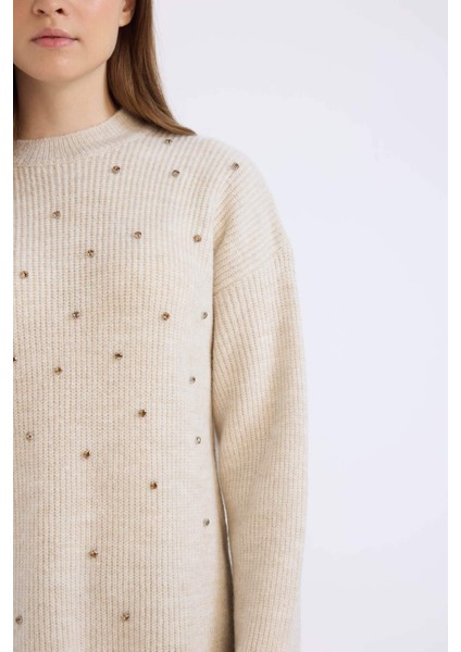 Relax Fit Bisiklet Yaka Taşlı Triko Kazak Tunik