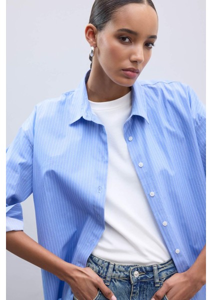 Oversize Geniş Kalıp Çizgili Poplin Uzun Kollu Gömlek W7702AZ25SP