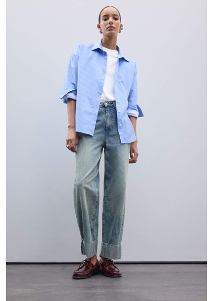 Oversize Geniş Kalıp Çizgili Poplin Uzun Kollu Gömlek W7702AZ25SP