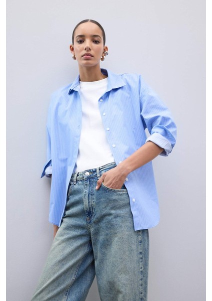 Oversize Geniş Kalıp Çizgili Poplin Uzun Kollu Gömlek W7702AZ25SP