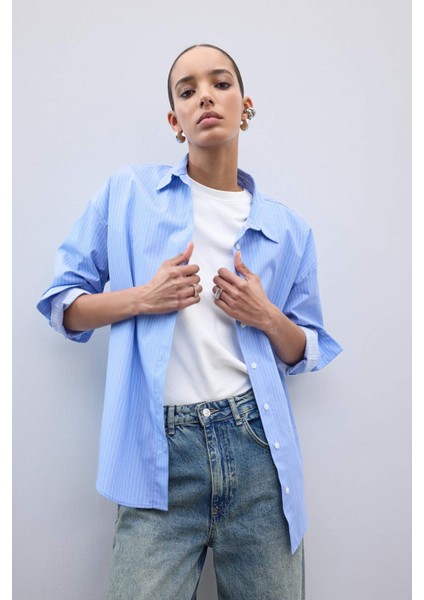 Oversize Geniş Kalıp Çizgili Poplin Uzun Kollu Gömlek W7702AZ25SP