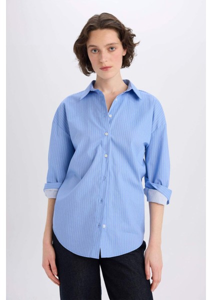 Oversize Geniş Kalıp Çizgili Poplin Uzun Kollu Gömlek W7702AZ25SP
