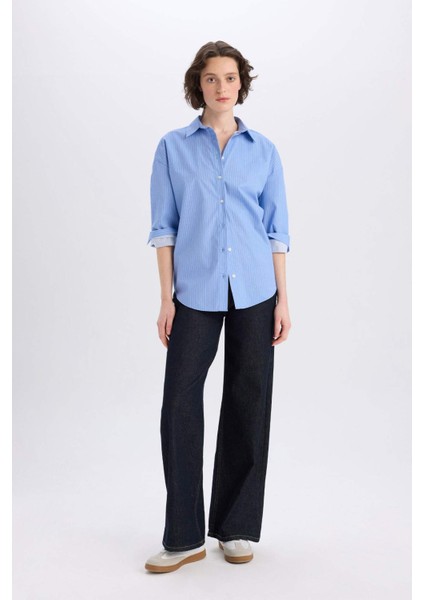 Oversize Geniş Kalıp Çizgili Poplin Uzun Kollu Gömlek W7702AZ25SP