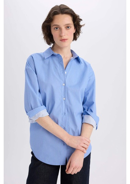 Oversize Geniş Kalıp Çizgili Poplin Uzun Kollu Gömlek W7702AZ25SP