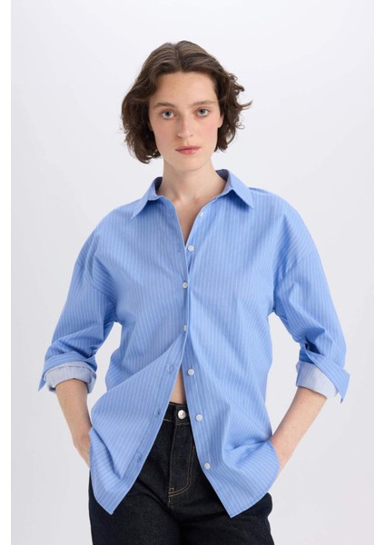 Oversize Geniş Kalıp Çizgili Poplin Uzun Kollu Gömlek W7702AZ25SP