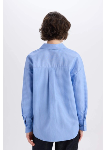 Oversize Geniş Kalıp Çizgili Poplin Uzun Kollu Gömlek W7702AZ25SP